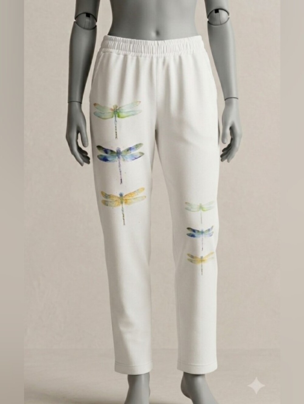 Last Chance White Dragonfly Print Pants Elastic Waist (Sz S) Beach Cottagecore